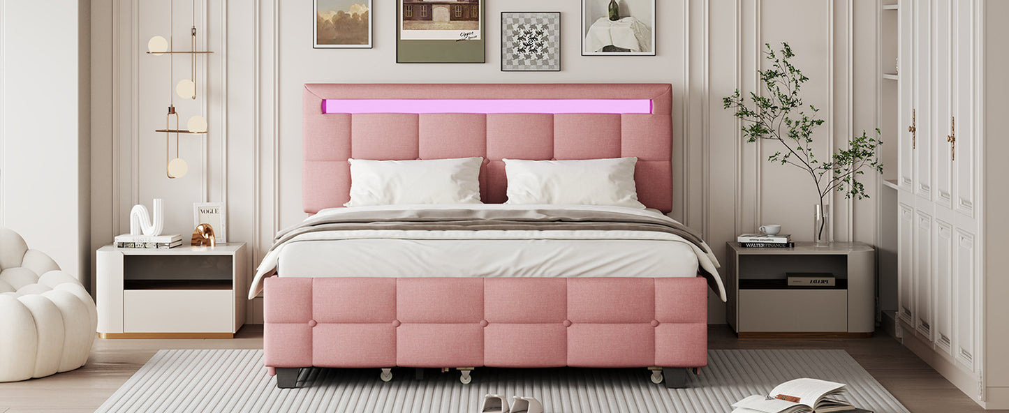 Queen Size Upholstered Platform Bed with LED Frame, with Twin XL Size Trundle and 2 drawers, Linen Fabric, Pink