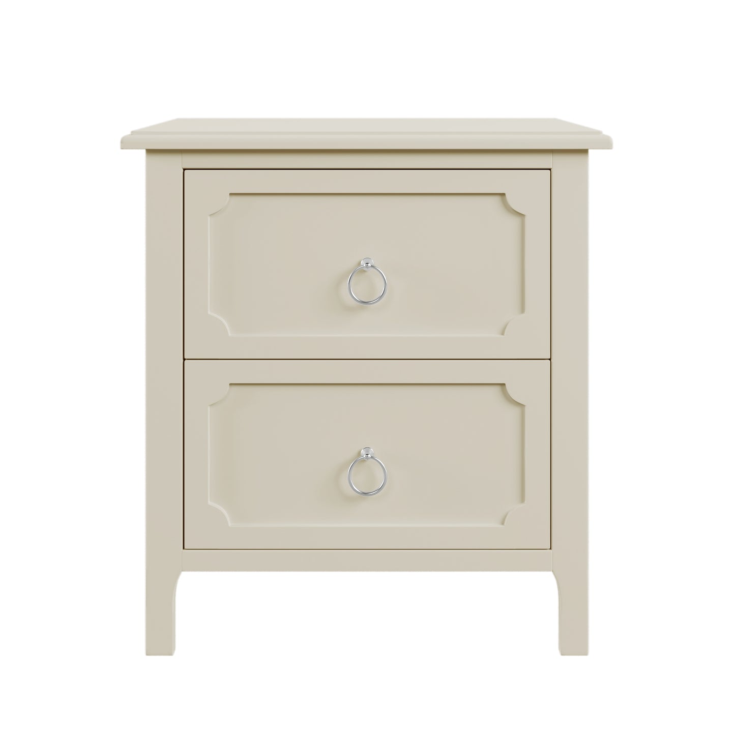 Milky White Rubber Wooden Nightstand Two Drawers Silver Metal Handles for Living Room Guest Room Bedroom