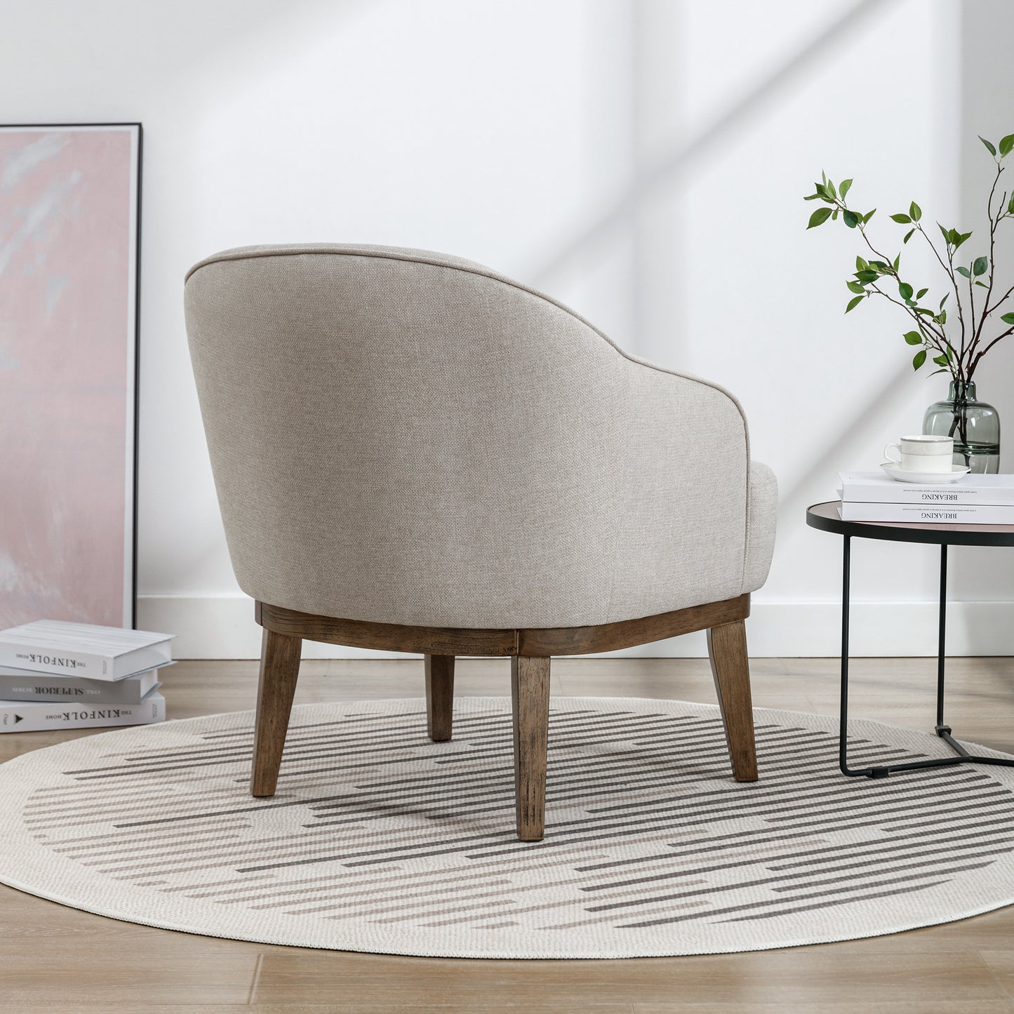 Modern Mid-Century Armchair Accent Chair with Pillow and Solid Wood leg, Beige