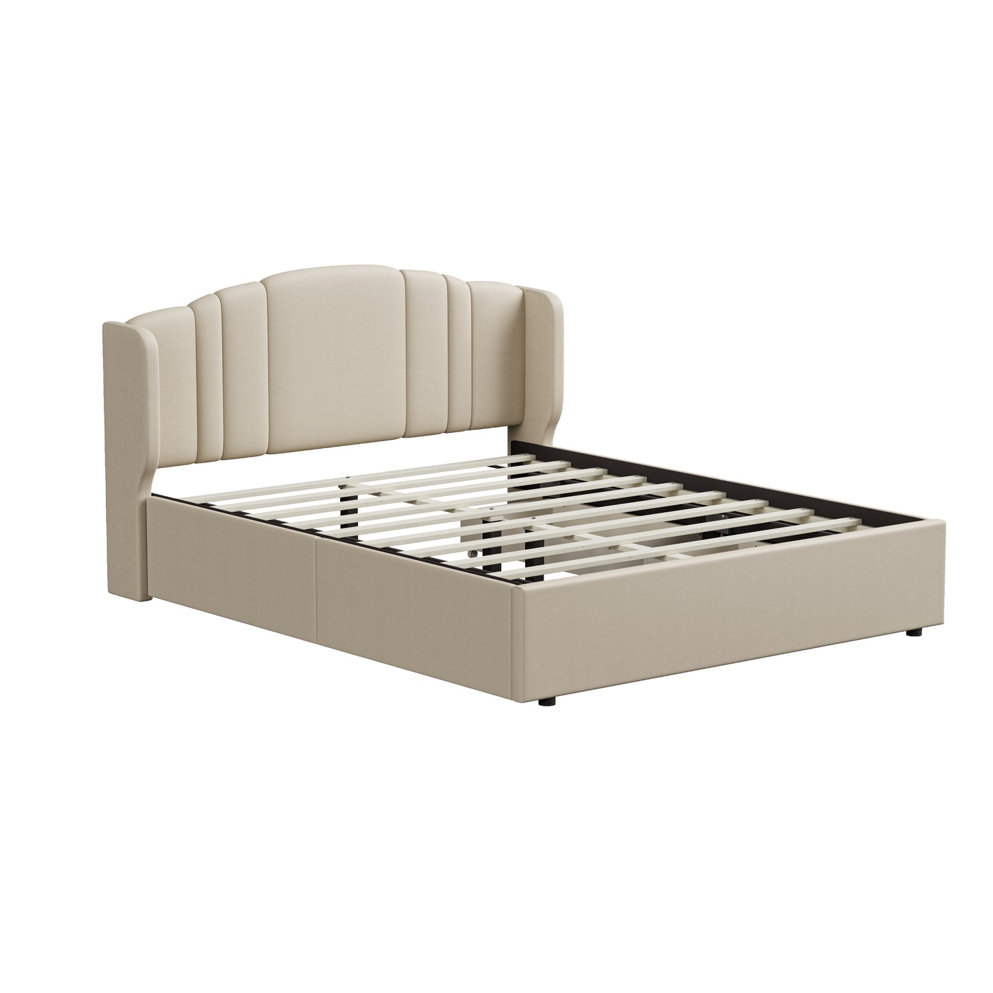 Upholstered Platform Bed with Wingback Headboard and 4 Drawers, No Box Spring Needed, Linen Fabric, Queen Size Beige
