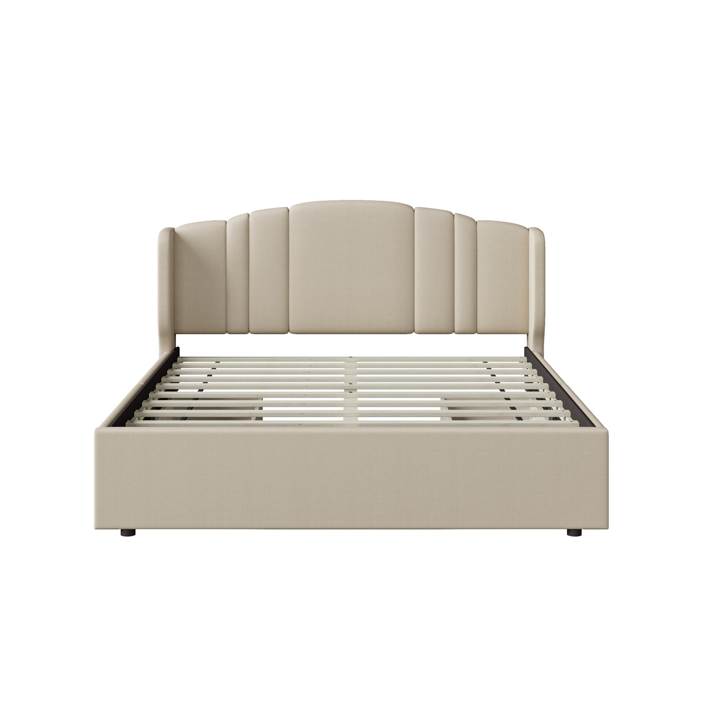 Upholstered Platform Bed with Wingback Headboard and 4 Drawers, No Box Spring Needed, Linen Fabric, Queen Size Beige