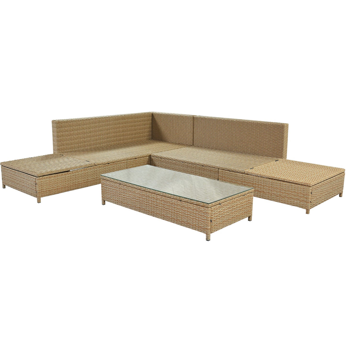 TOPMAX Patio 3-Piece Rattan Sofa Set All Weather PE Wicker Sectional Set with Adjustable Chaise Lounge Frame and Tempered Glass Table, Natural Brown