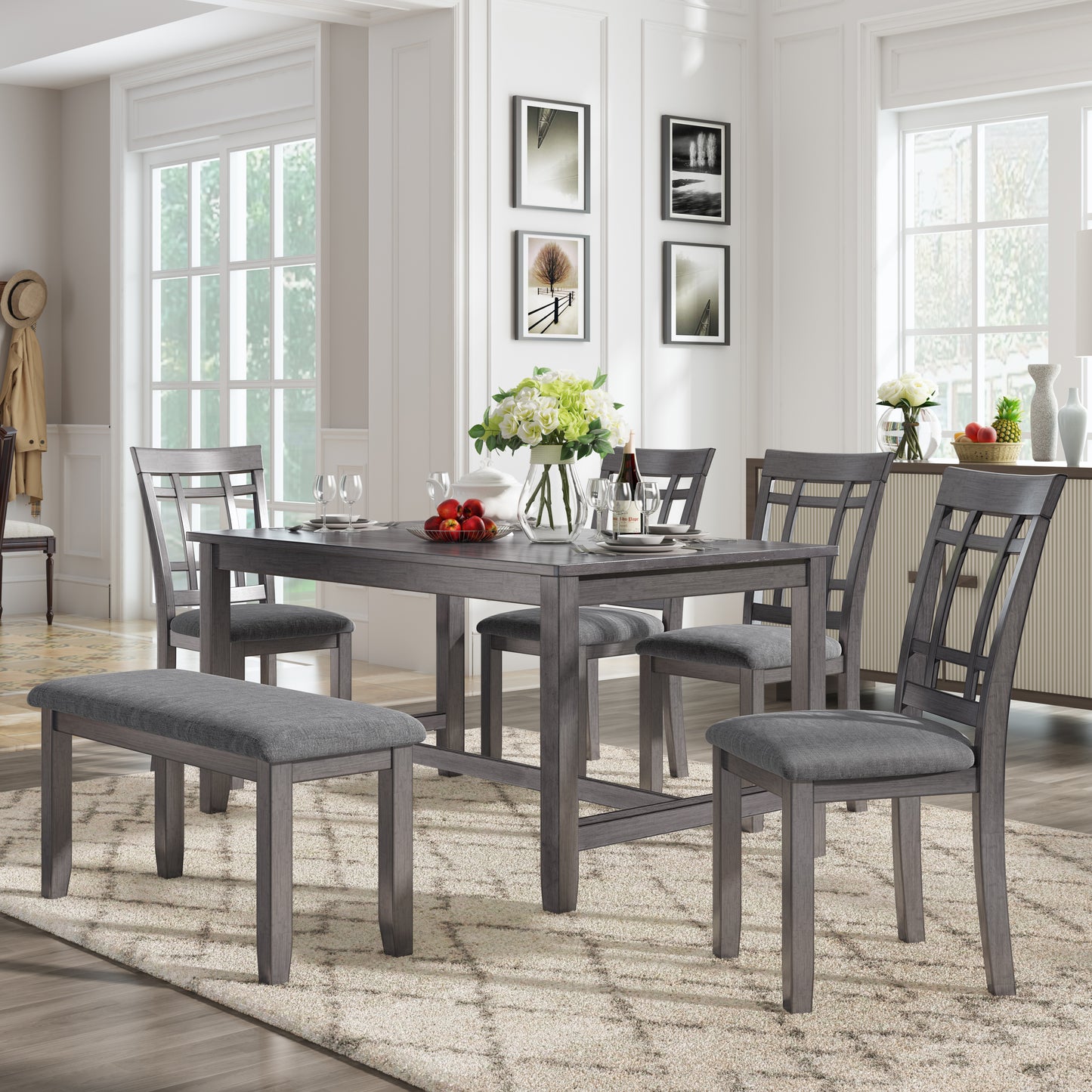 TOPMAX 6 Piece Wooden Dining Table set, Kitchen Table set with 4 Chairs and Bench, Farmhouse Rustic Style,Gray