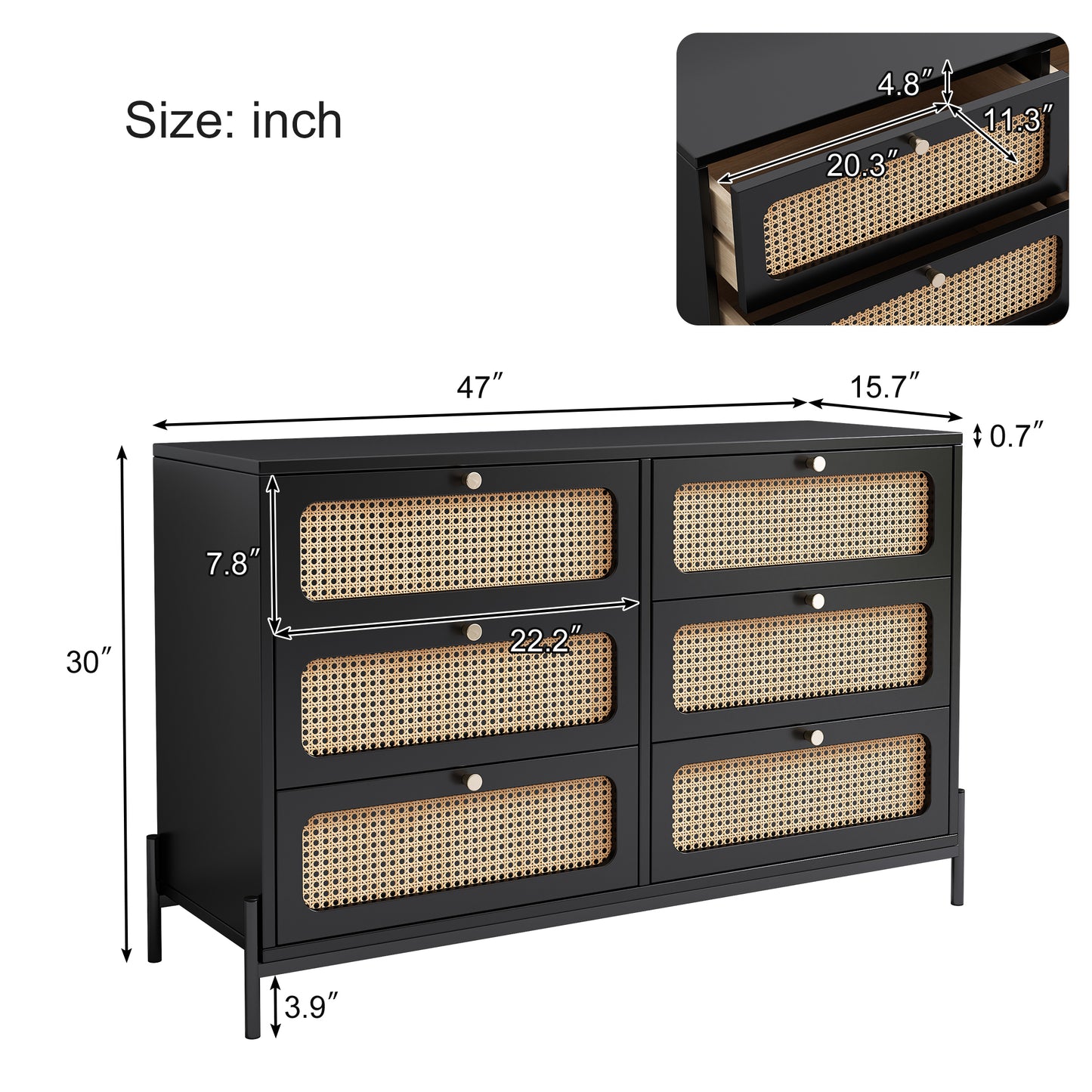 Modern Cannage Rattan Wood Closet 6-Drawer Dresser Wood Storage Cabinet Sideboard for Bedroom, Living Room, Entryway, Hallway, Black