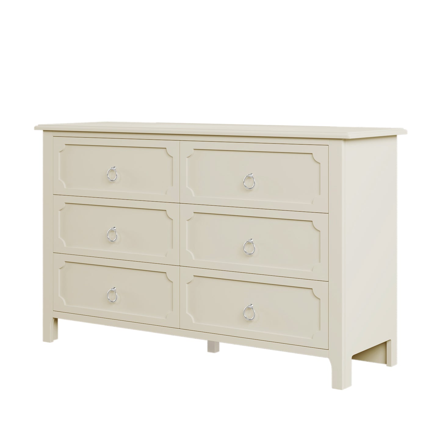 Milky White Rubber Wooden Dresser Six Large Drawers Silver Metal Handles for Living Room Guest Room Bedroom