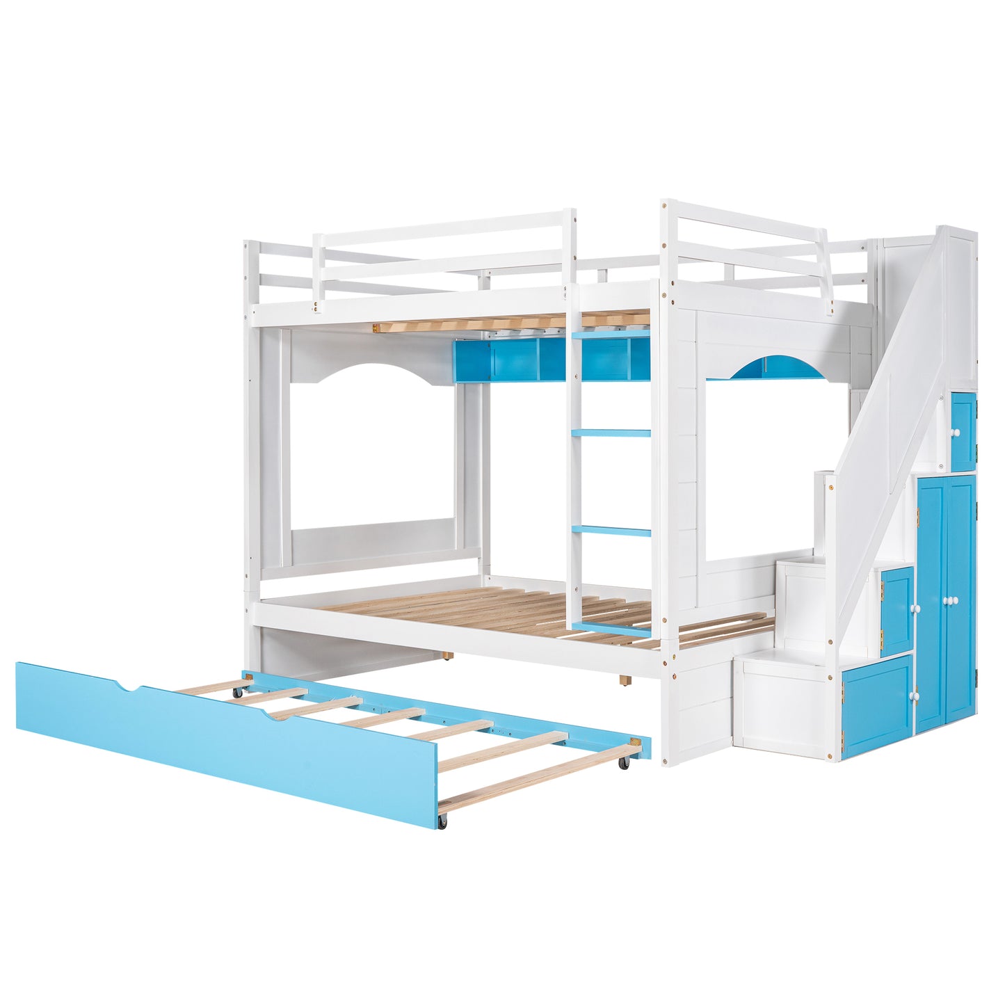 Full Over Full Bunk Bed with Trundle ,Stairs,Ladders Solid Wood Bunk bed with Storage Cabinet (White + Blue)