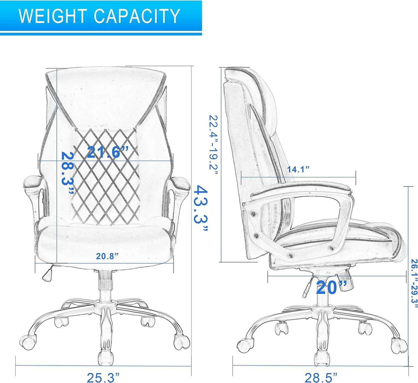 Computer Chair-Office Chair-Executive Office Chair with Fixed Armrests-Ergonomic Office Desk Chair High Back-Computer Chair with Wheels-Leather Office Chair Black with Paded Armrests