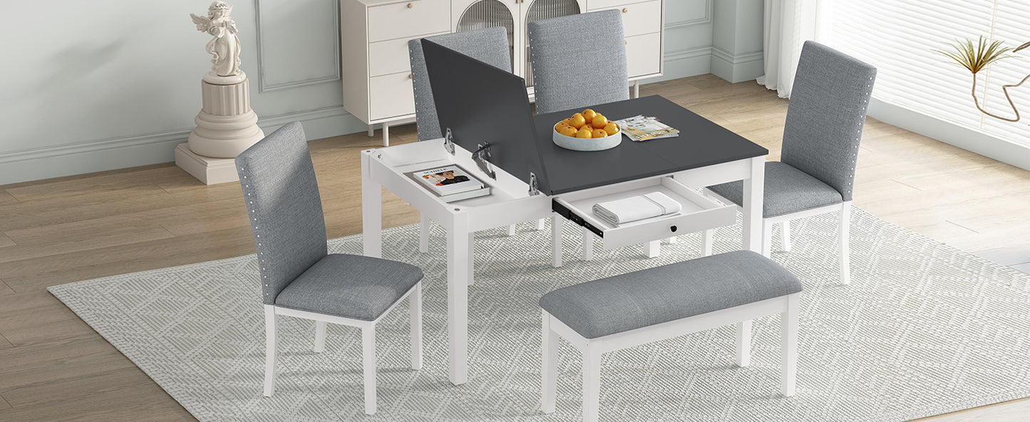 TOPMAX Farmhouse 6-Piece Dining Table Set with Storage Table, Kitchen Table Set with Drawer, Storable Bench and Upholstered Dining Chairs, White+Gray