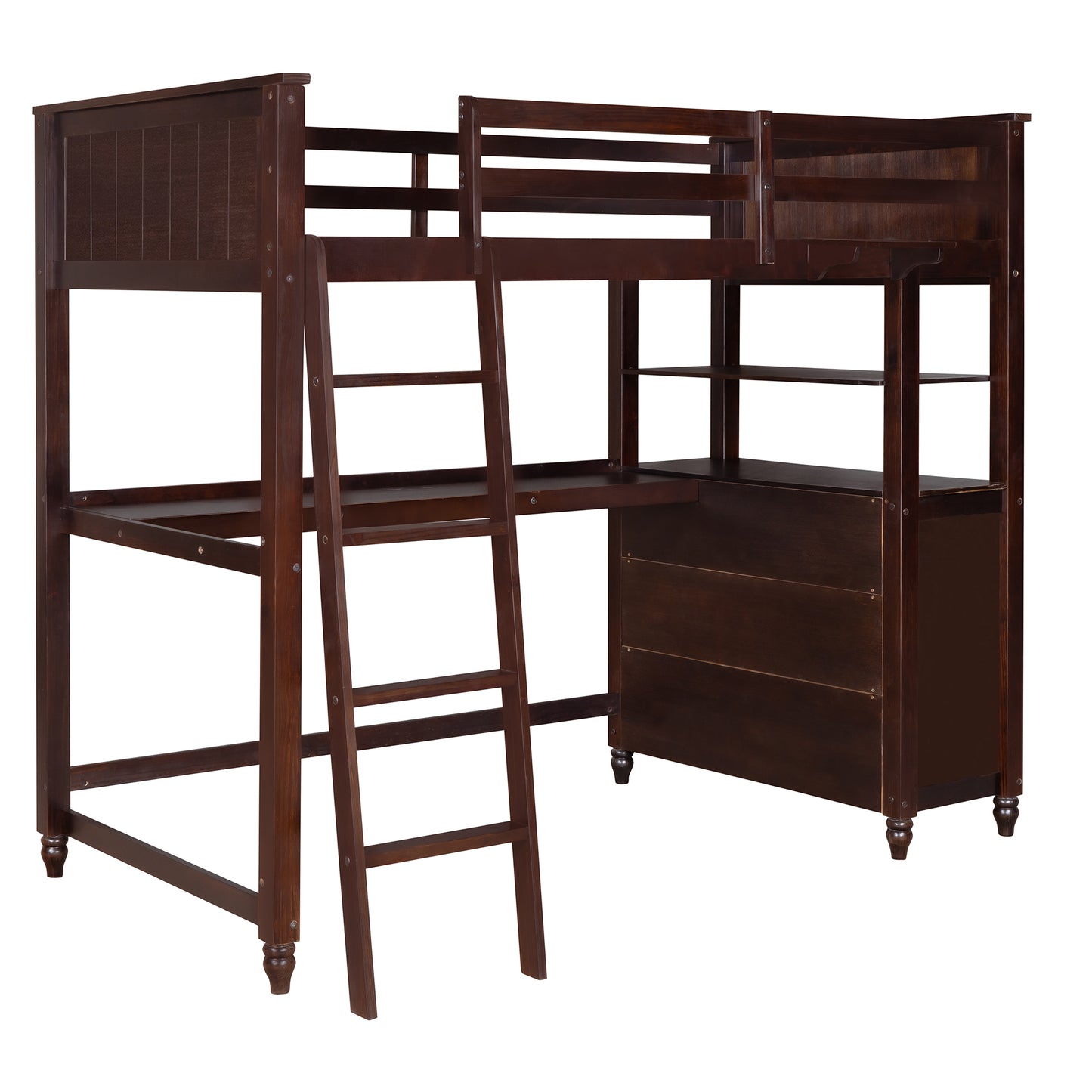 Twin size Loft Bed with Drawers and Desk, Wooden Loft Bed with Shelves - Espresso(OLD SKU: LP000530AAP)
