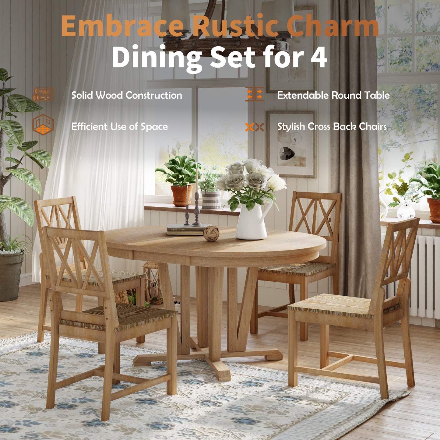 TOPMAX Rustic 5-Piece Extendable Dining Table Set Round Trestle Table and 4 Cross Back Dining Chairs for Kitchen, Dining Room, Natural