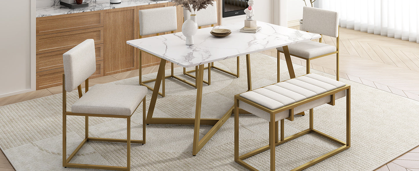 TOPMAX Modern Faux Marble 6-Piece Dining Table Set,60inch Metal Kitchen Table Set with Upholstered Dining Chairs and Bench, Golden