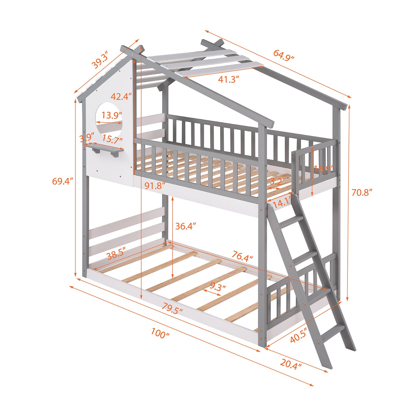 Twin Over Twin Bunk Bed Wood Bed with Roof, Window, Ladder ( Gray)(OLD SKU :LP000008AAE)