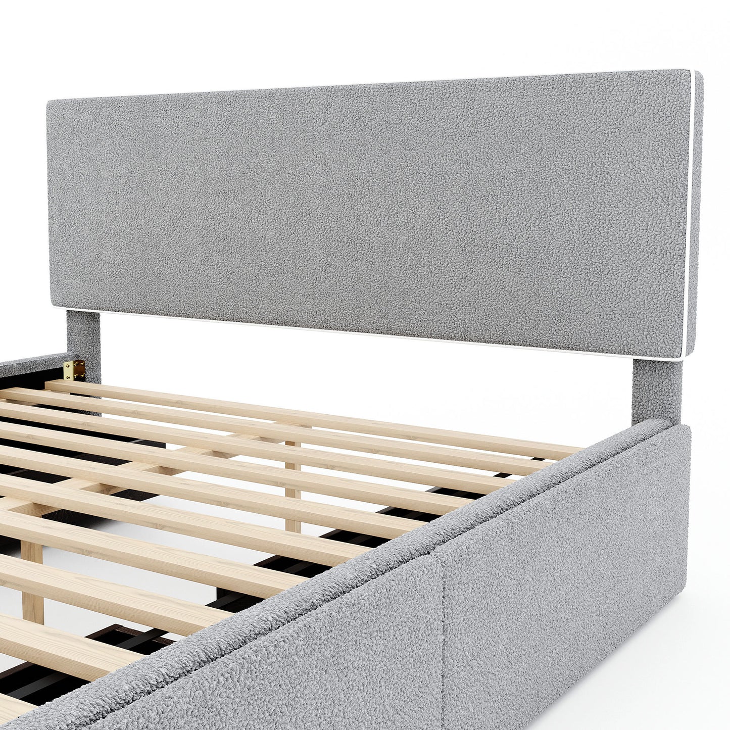 Queen Size Upholstered Platform Bed with 4 Drawers and White Edge on the Headboard & Footboard, Gray