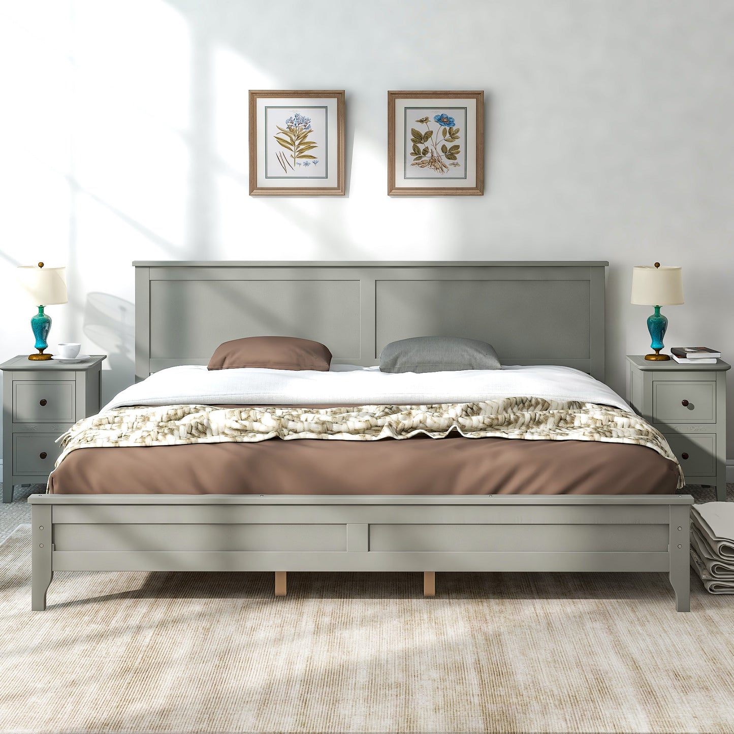 Gray Solid Wood 5 Pieces King Bedroom Sets(bed+nightstand*2+chest+dresser)NEW