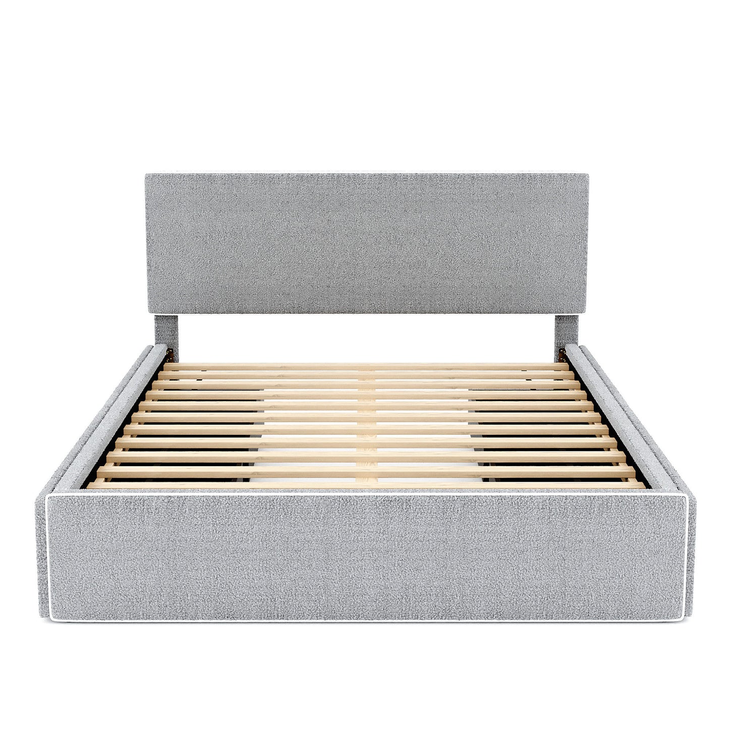 Queen Size Upholstered Platform Bed with 4 Drawers and White Edge on the Headboard & Footboard, Gray