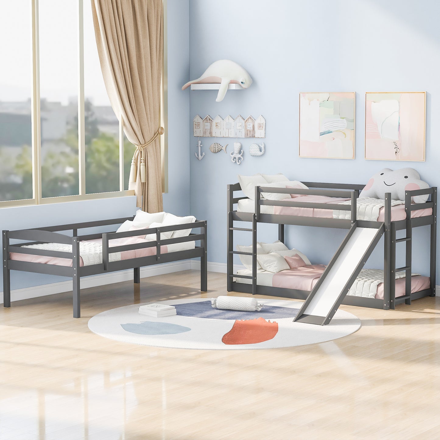 Twin over Twin over Twin Adjustable Triple Bunk Bed with Ladder and Slide,Gray(OLD SKU:SM000508AAE)