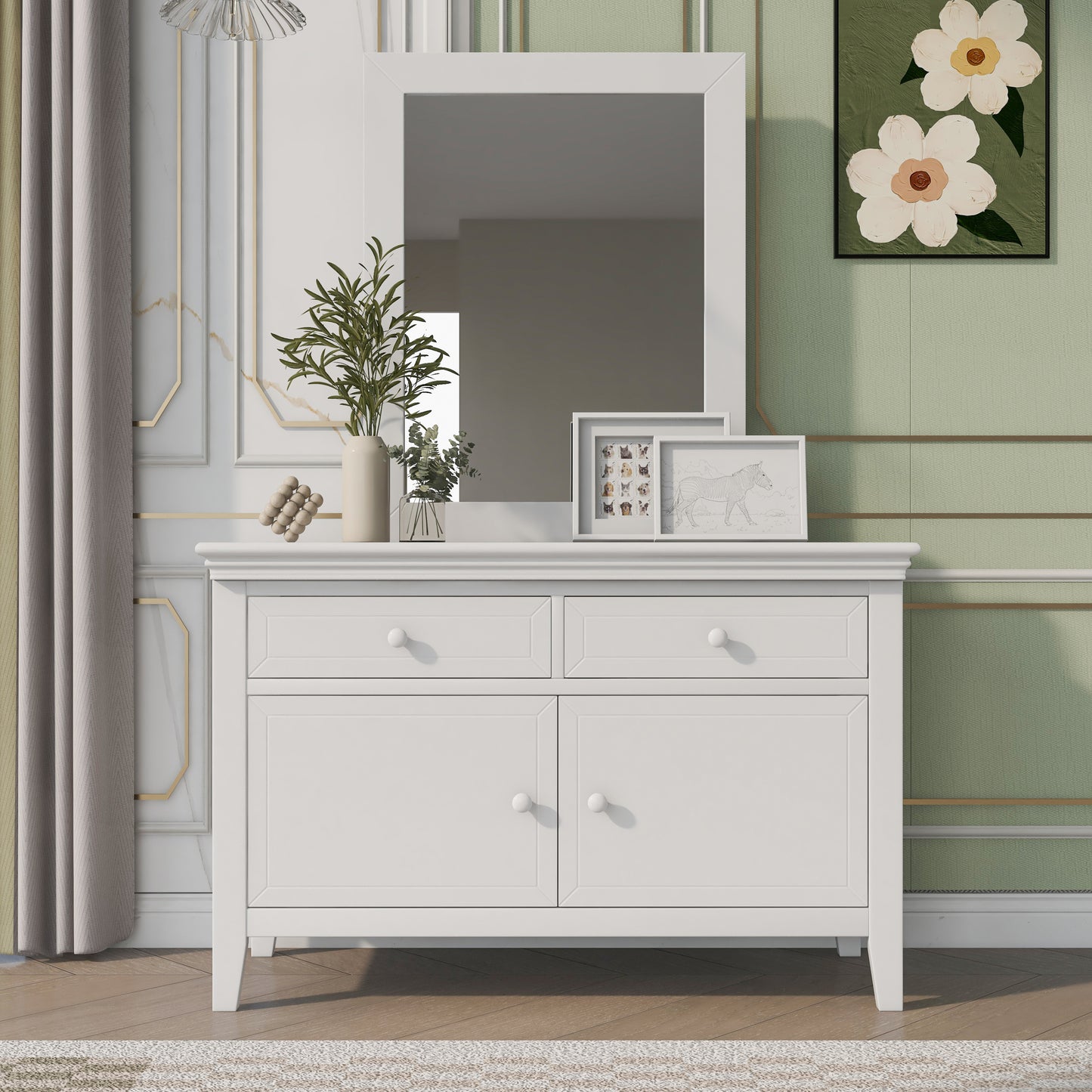 Traditional Concise Style White Wood Mirror