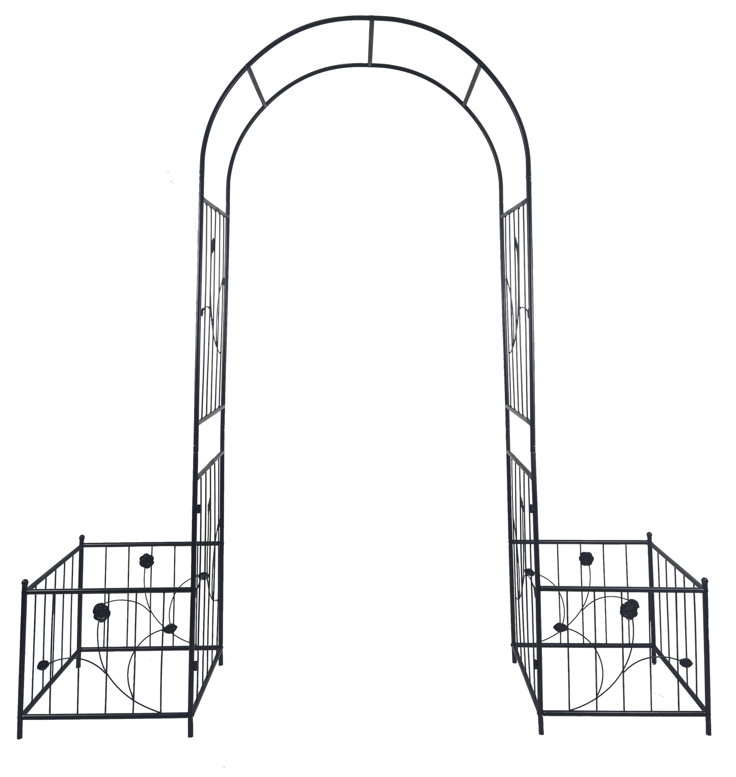 Metal Garden Arch with two plant stands 79.5'' Wide x 86.6'' High Climbing Plants Support Rose Arch Outdoor Black