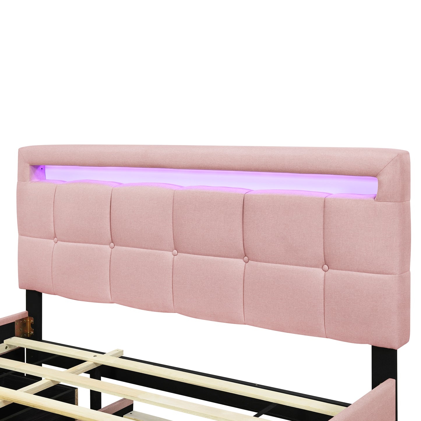 Queen Size Upholstered Platform Bed with LED Frame, with Twin XL Size Trundle and 2 drawers, Linen Fabric, Pink