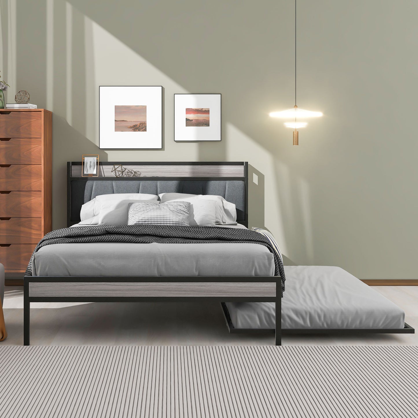 Full Size Metal Platform Bed Frame with Twin size trundle, Upholstered headboard, Sockets, USB Ports and Slat Support, No Box Spring Needed, Black