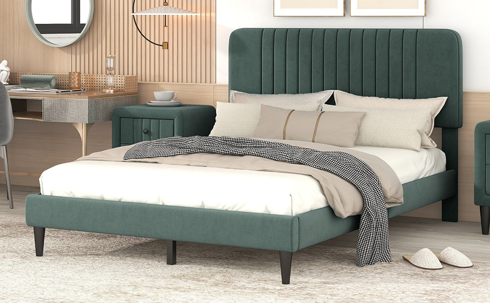 Full Size Upholstered Platform Bed,No Box Spring Needed, Velvet Fabric,Green