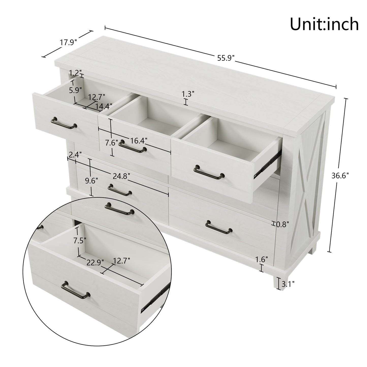 Rustic Farmhouse Style Solid Pine Wood Whitewash Seven-Drawer Dresser for Living Room, Bedroom,White