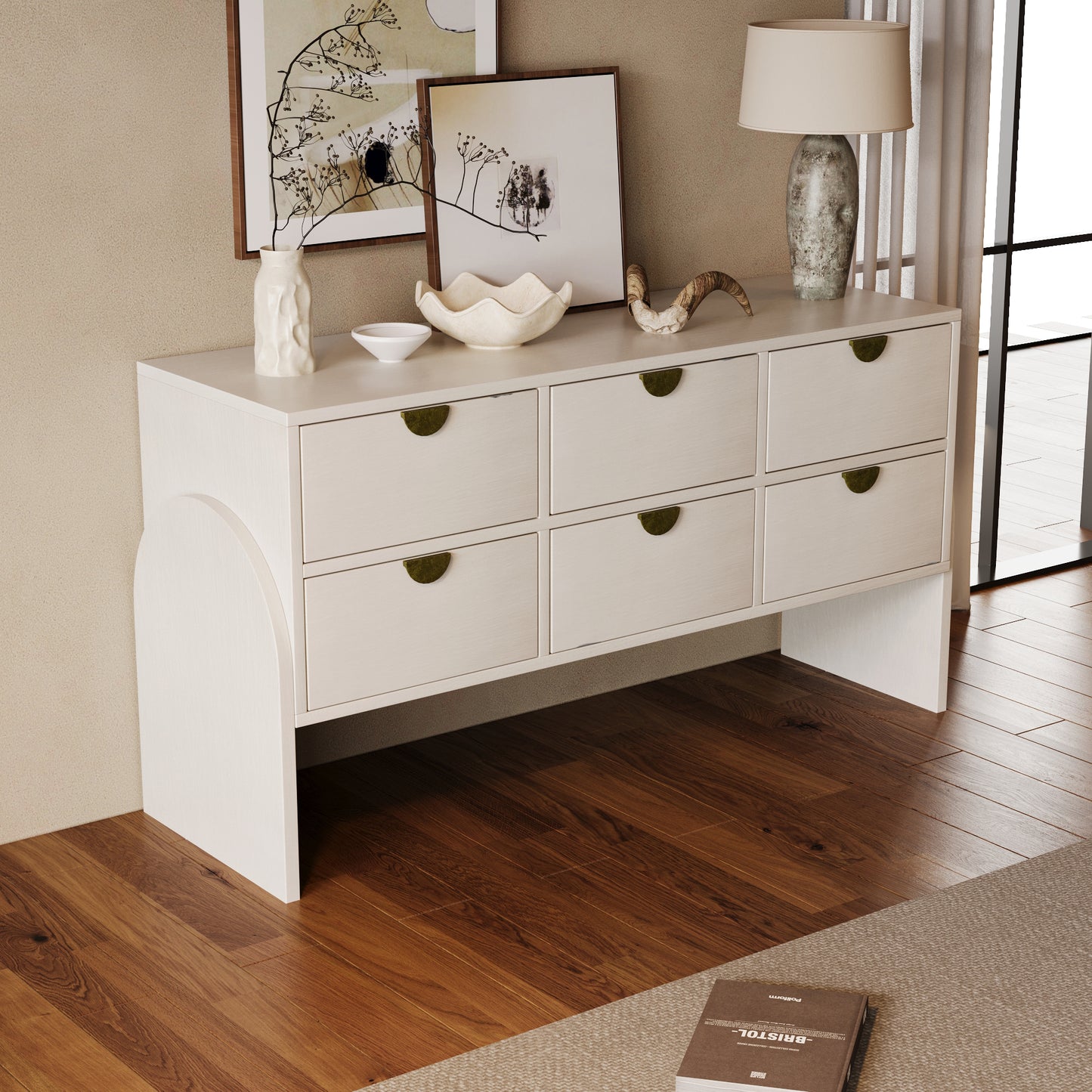 Retro Style Rubber Wood Venner Three-Drawer Dresser Sideboard Cabinet Console Table Sofa Table Ample Storage Spaces for Living Room, Children's Room, Adult Room, Antique White