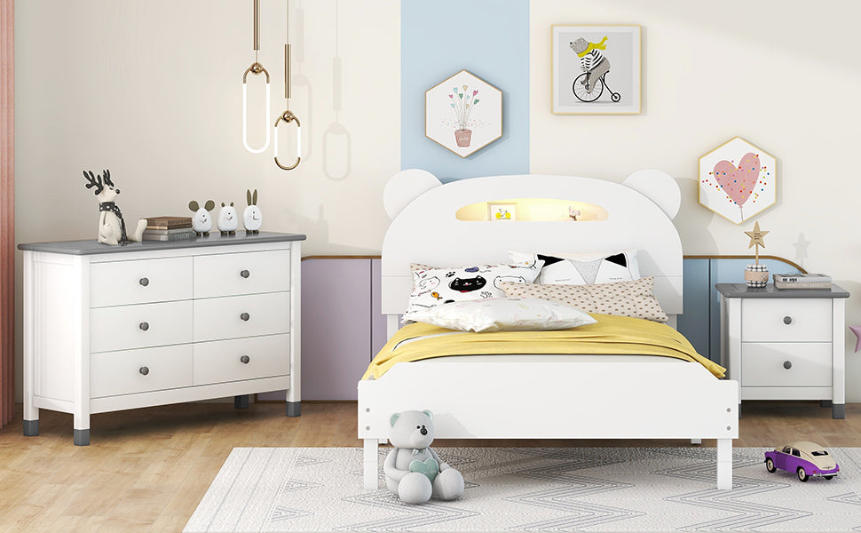 3-Pieces Bedroom Sets Twin Size Bear-Shape Platform Bed with Nightstand and Storage dresser,White+Gray