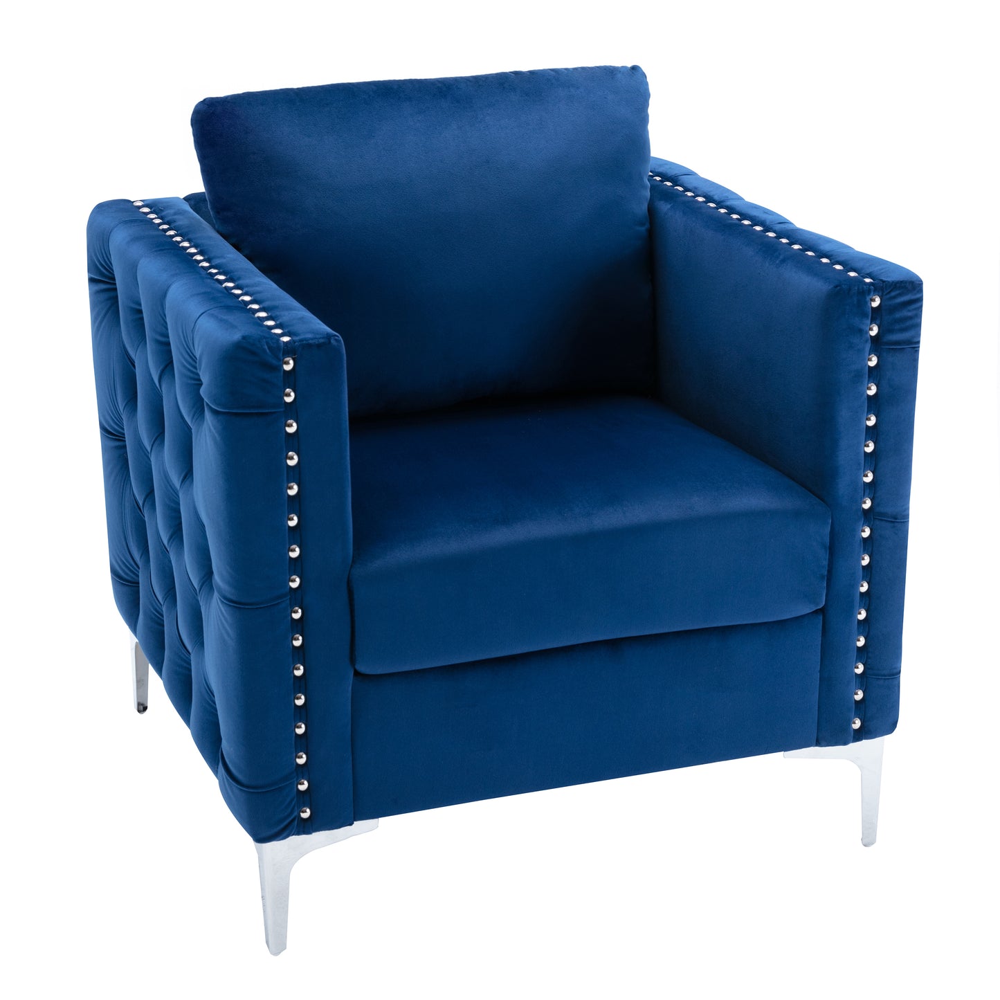 Modern Velvet Armchair Tufted Button Accent Chair Club Chair with Steel Legs for Living Room Bedroom,Navy