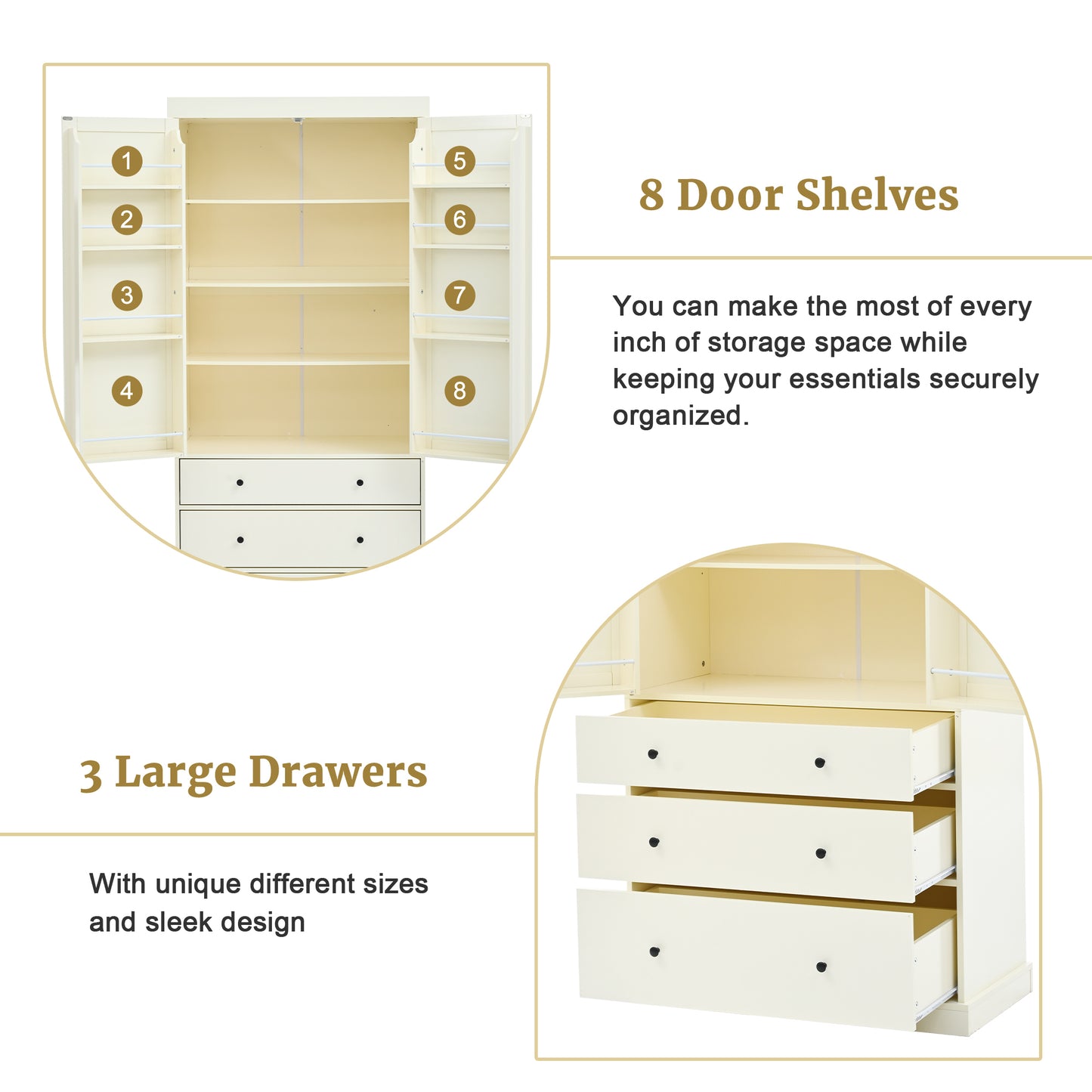 [Assembly Video Provided]TOPMAX 77inch Farmhouse Kitchen Pantry, Freestanding Tall Cupboard Storage Cabinet with 3 Adjustable Shelves, 8 Door Shelves, 3 Drawers for Kitchen, Dining Room, Cream