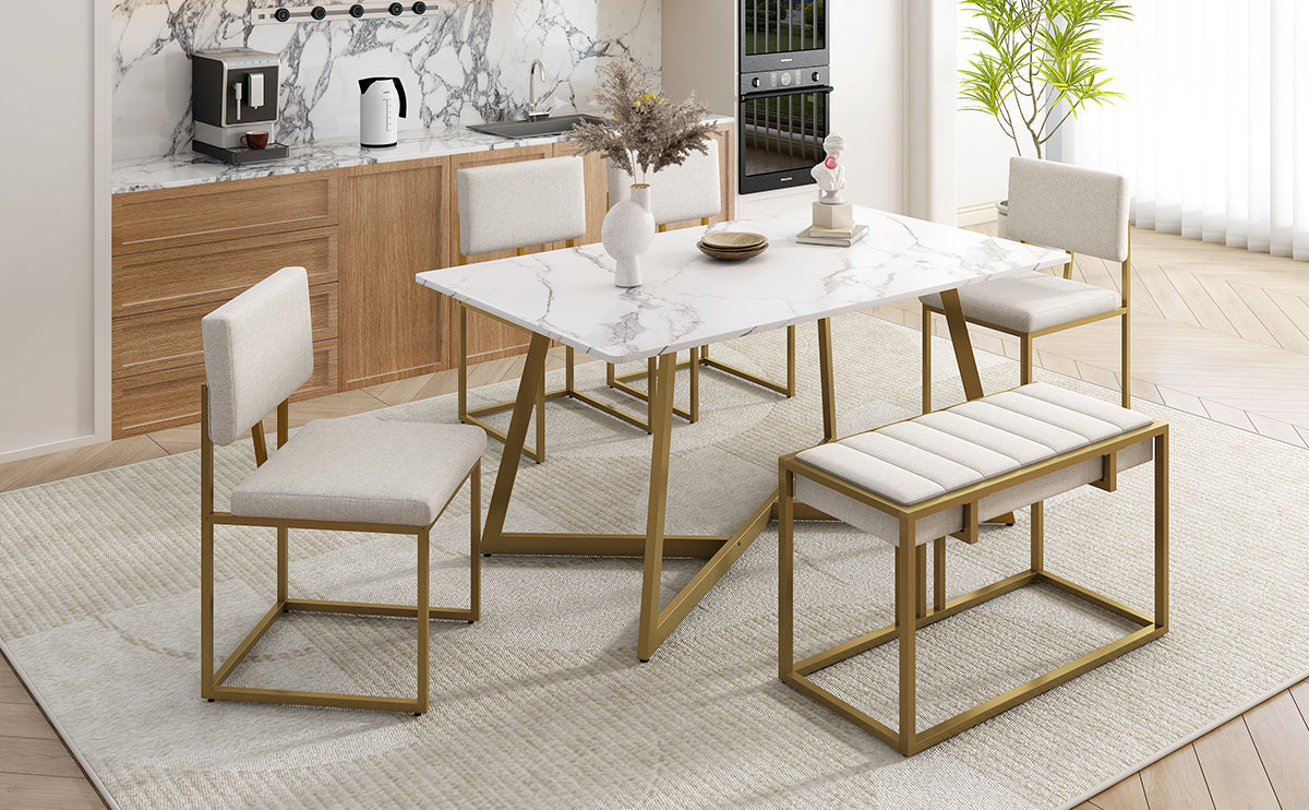 TOPMAX Modern Faux Marble 6-Piece Dining Table Set,60inch Metal Kitchen Table Set with Upholstered Dining Chairs and Bench, Golden