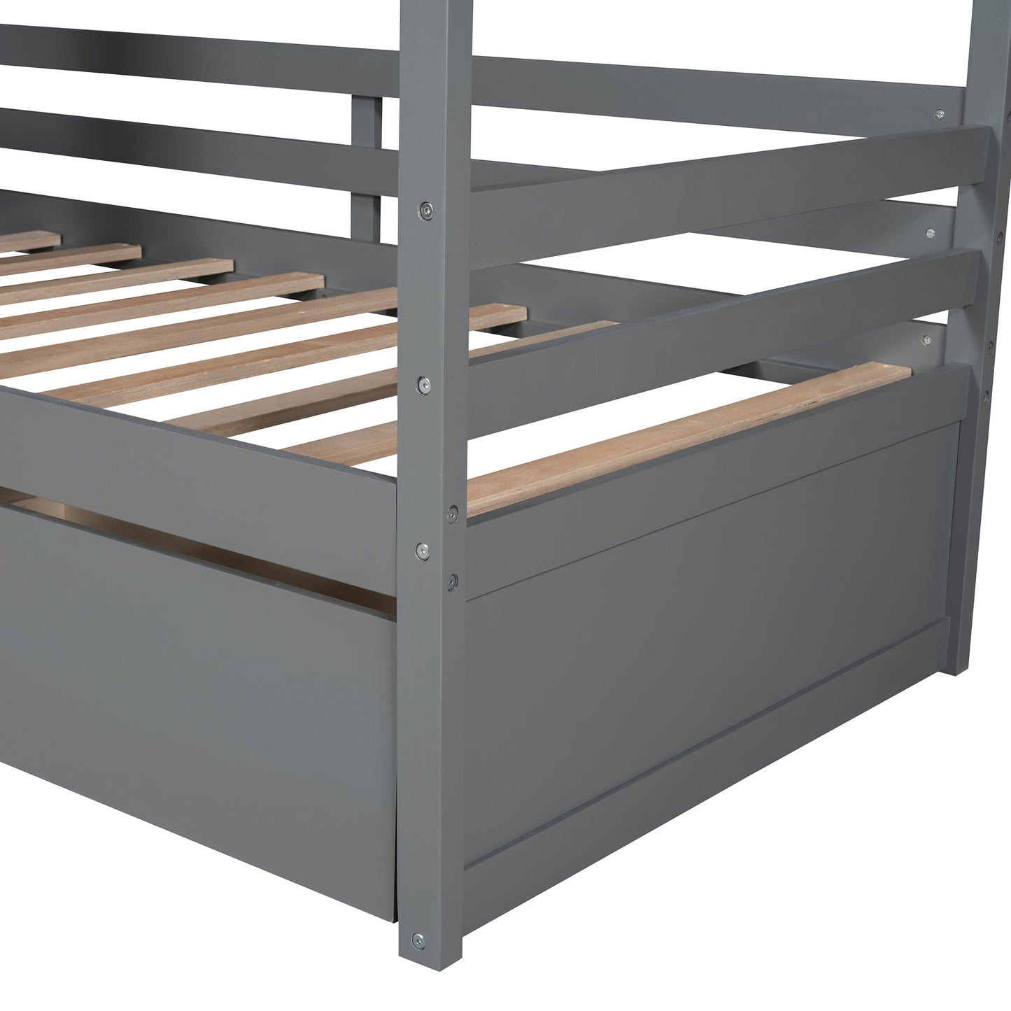 Twin Size House Bed Wood Bed with Two Drawers ( Gray )