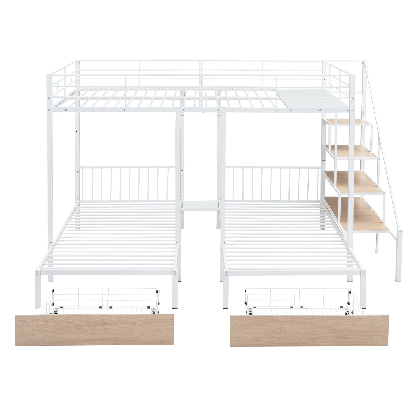 Full over Twin-Twin Triple bunk bed with drawers and staircase, White
