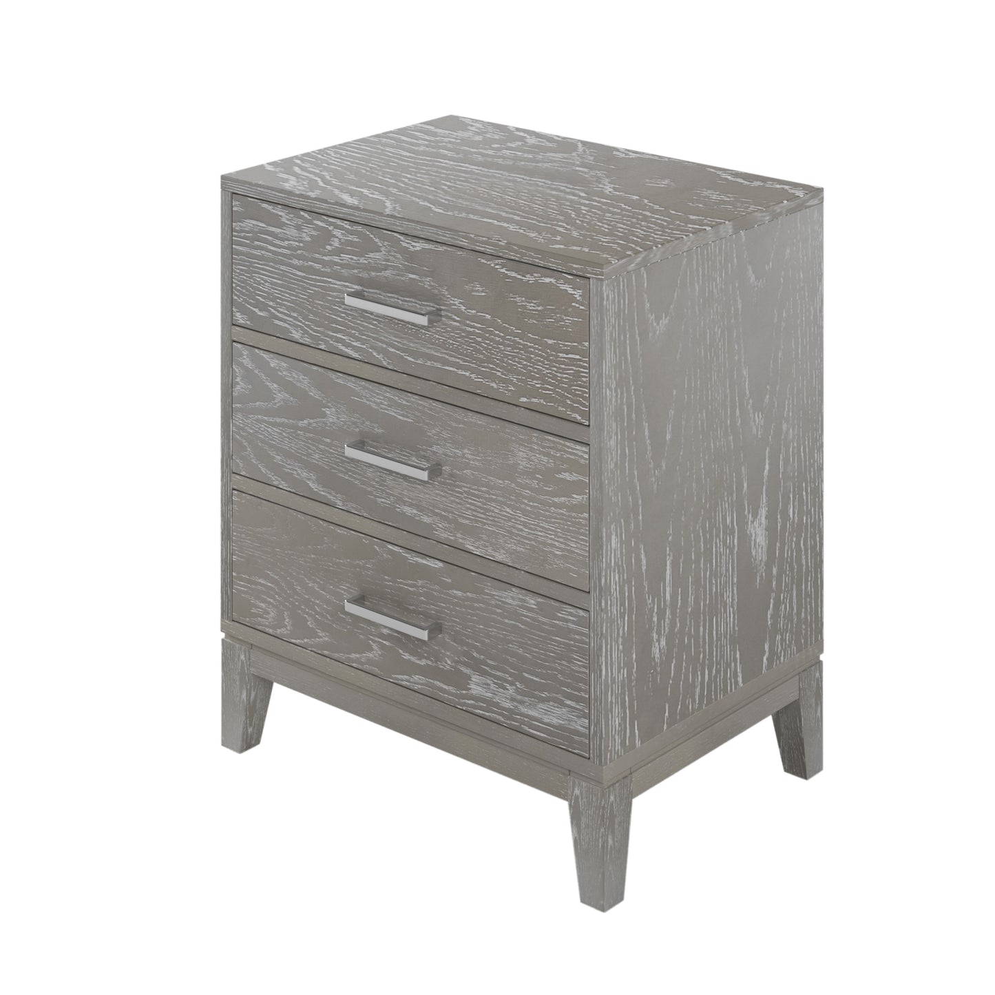 Modern Concise Style Gray Wood Grain Three-Drawer Nightstand with Tapered Legs and Smooth Gliding Drawers