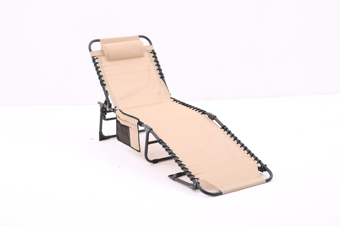 Folding Textilene Waterproof Patio Chaise Lounge Chair,Outdoor Adjustable and Reclining Tanning Chair with Pillow and Side Pocket for Lawn,Beach,Pool,Portable Camping and Sunbathing(2 Pieces,Khaki)