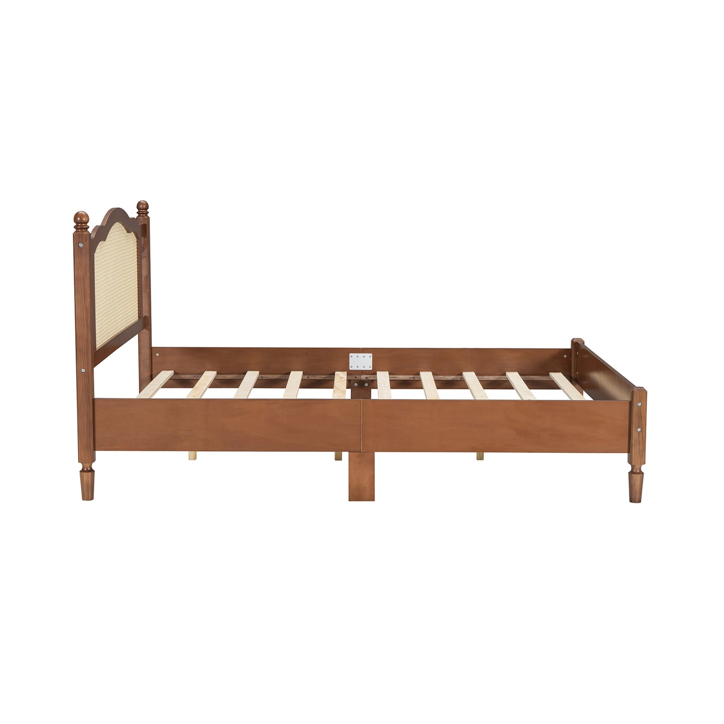 Queen Size Wooden Platform Bed with Natural Rattan Headboard, Vintage Bed Frame with Wooden Slat Support, Walnut (Expected Arrival Time: 08.23)