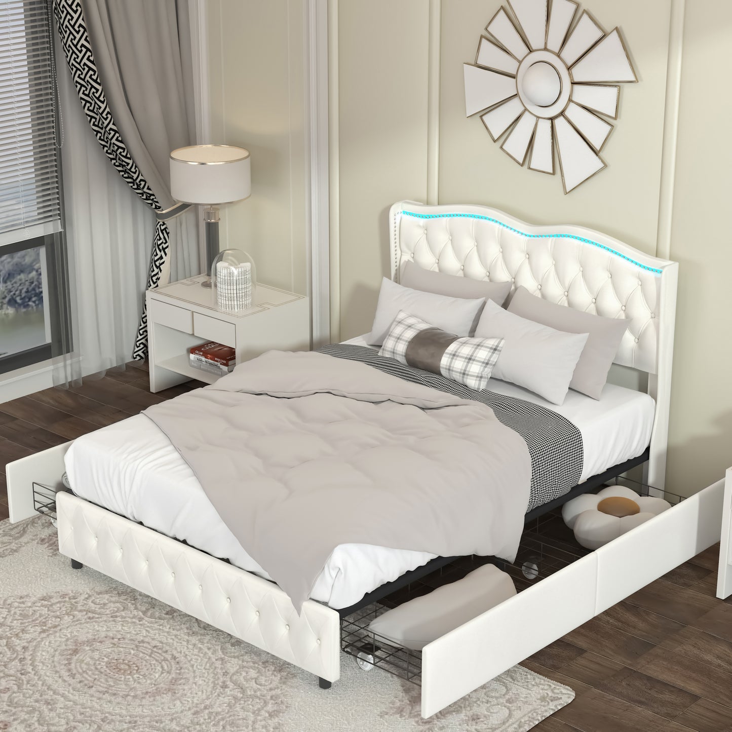 Queen Platform Bed Frame , Velvet Upholstered Bed with Deep Tufted Buttons and Nailhead Trim, Adjustable Colorful LED Light Decorative Headboard, Bed Sides with Pull-Out Storage 4 Drawers, Beige