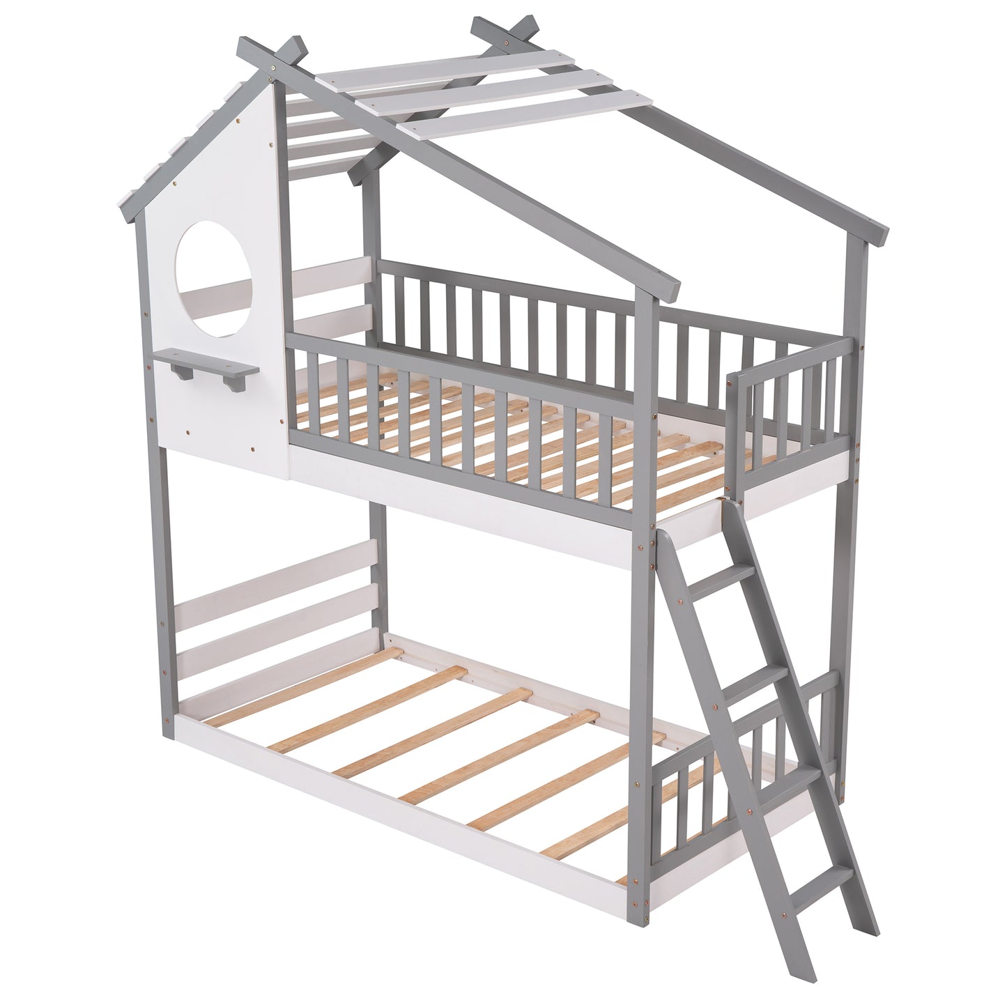 Twin Over Twin Bunk Bed Wood Bed with Roof, Window, Ladder ( Gray)(OLD SKU :LP000008AAE)