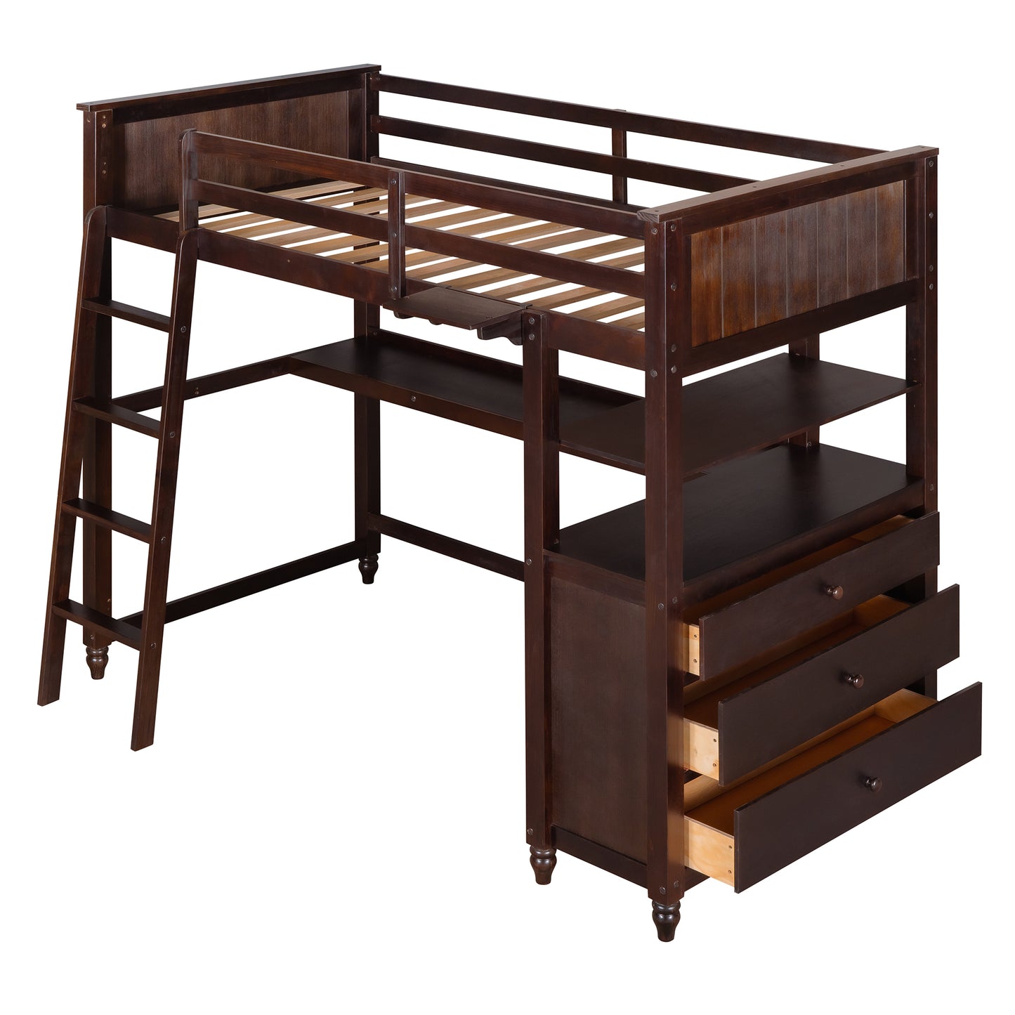 Twin size Loft Bed with Drawers and Desk, Wooden Loft Bed with Shelves - Espresso(OLD SKU: LP000530AAP)