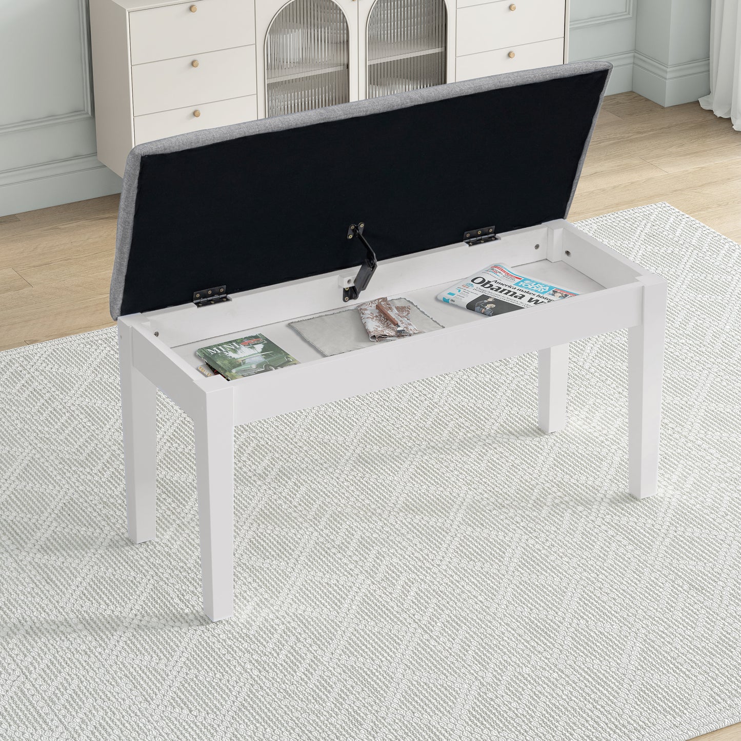 TOPMAX Farmhouse 6-Piece Dining Table Set with Storage Table, Kitchen Table Set with Drawer, Storable Bench and Upholstered Dining Chairs, White+Gray
