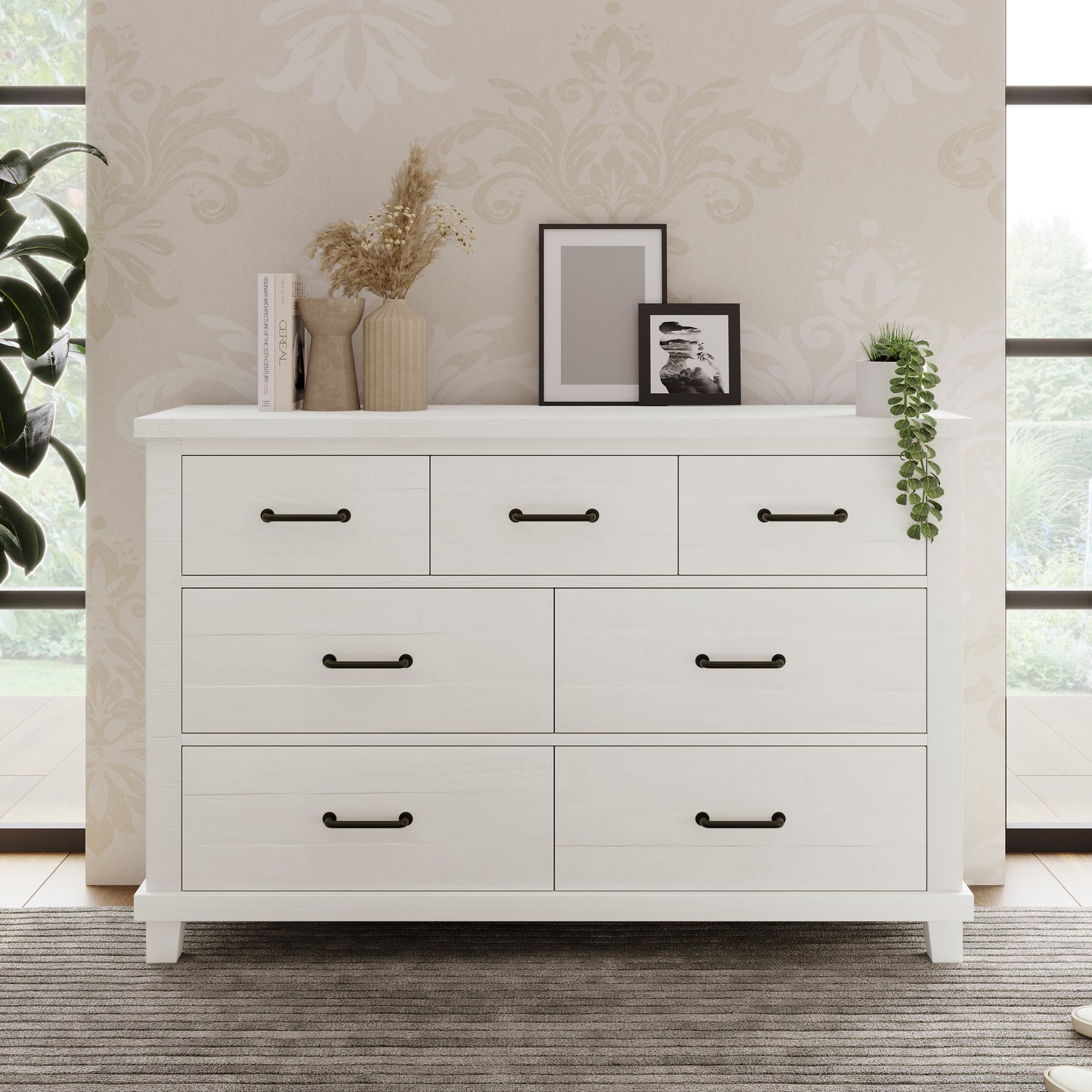 Rustic Farmhouse Style Solid Pine Wood Whitewash Seven-Drawer Dresser for Living Room, Bedroom,White