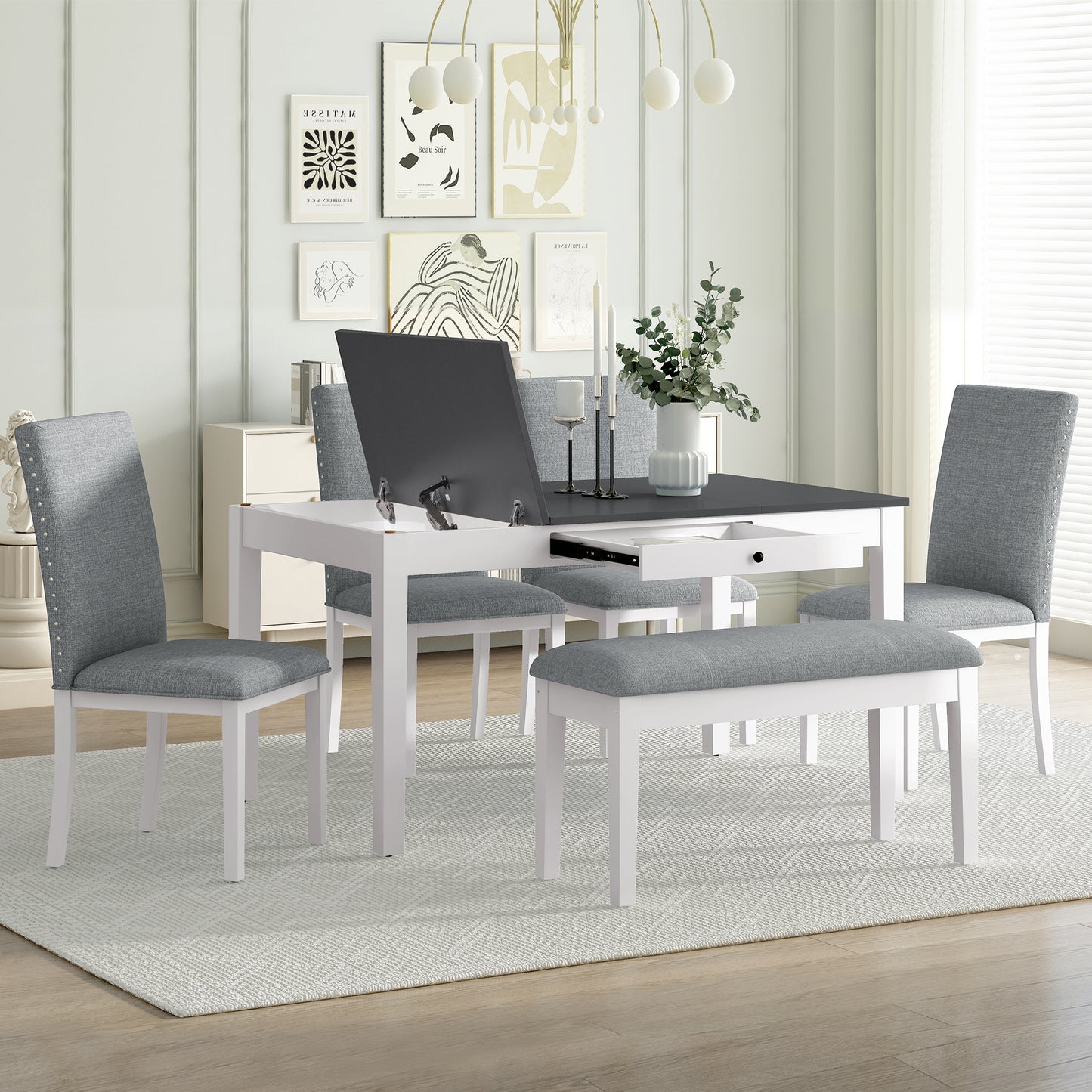TOPMAX Farmhouse 6-Piece Dining Table Set with Storage Table, Kitchen Table Set with Drawer, Storable Bench and Upholstered Dining Chairs, White+Gray