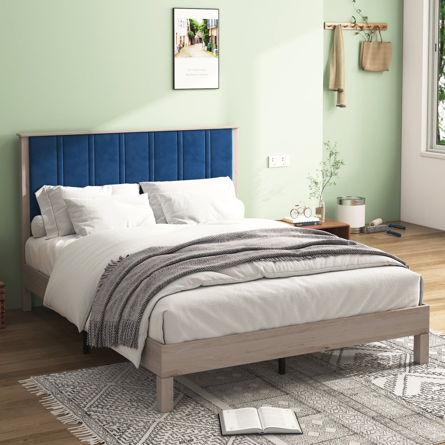 King Bed Frame, Wood with Wood Headboard Bed Frame with upholstered headboard /  Wood Foundation with Wood Slat Support / No Box Spring Needed / Easy Assembly