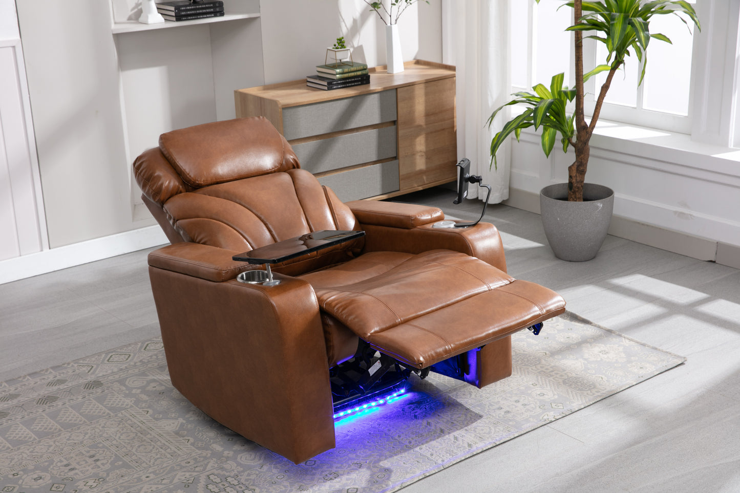 Power Motion Recliner with USB Charging Port and Hidden Arm Storage, Home Theater Seating with Convenient Cup Holder Design ,and stereo(Light  Brown)