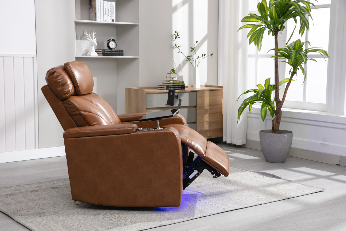 Power Motion Recliner with USB Charging Port and Hidden Arm Storage, Home Theater Seating with Convenient Cup Holder Design ,and stereo(Light  Brown)