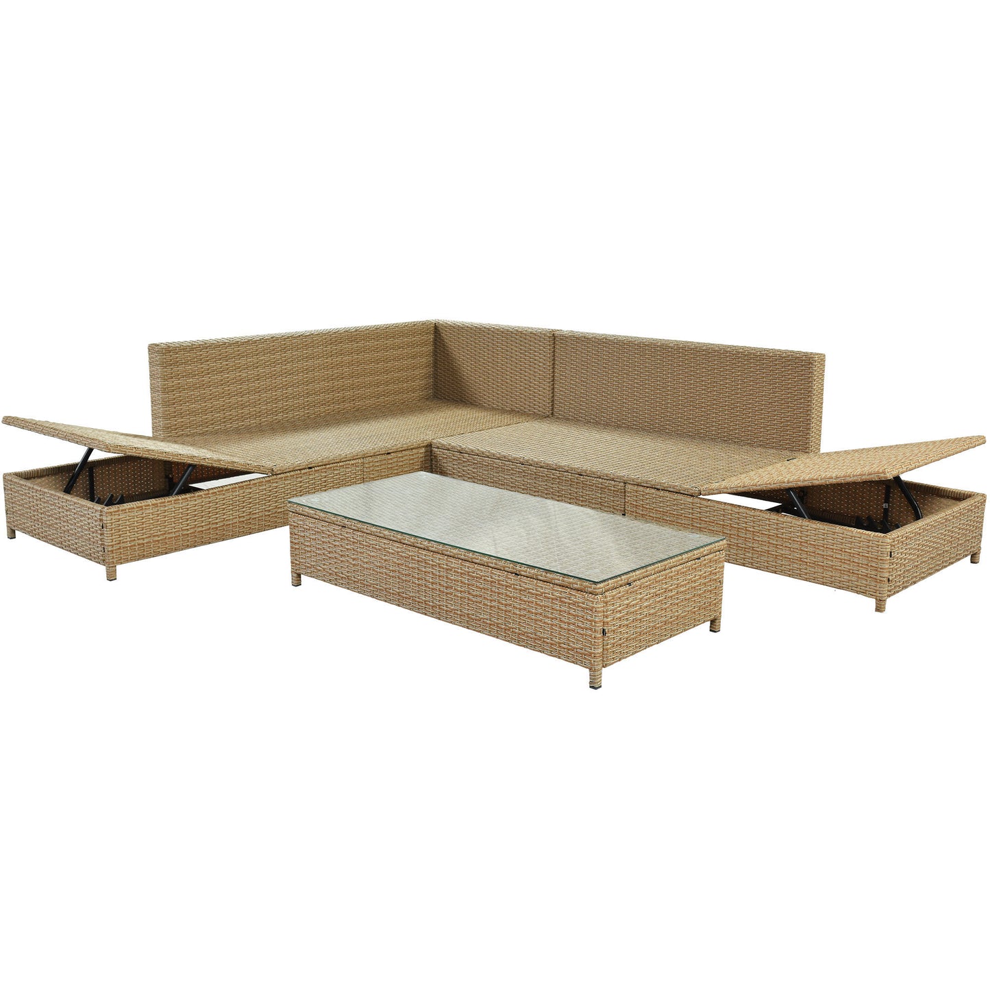 TOPMAX Patio 3-Piece Rattan Sofa Set All Weather PE Wicker Sectional Set with Adjustable Chaise Lounge Frame and Tempered Glass Table, Natural Brown