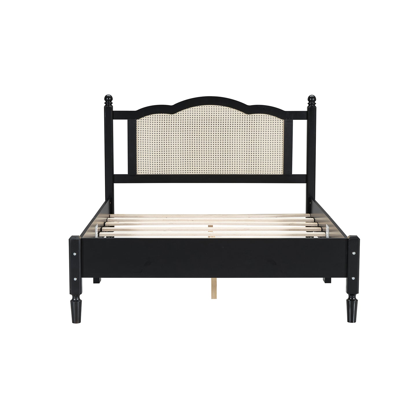 Full Size Wooden Platform Bed with Natural Rattan Headboard, Vintage Bed Frame with Wooden Slat Support, Black (Expected Arrival Time: 08.23)