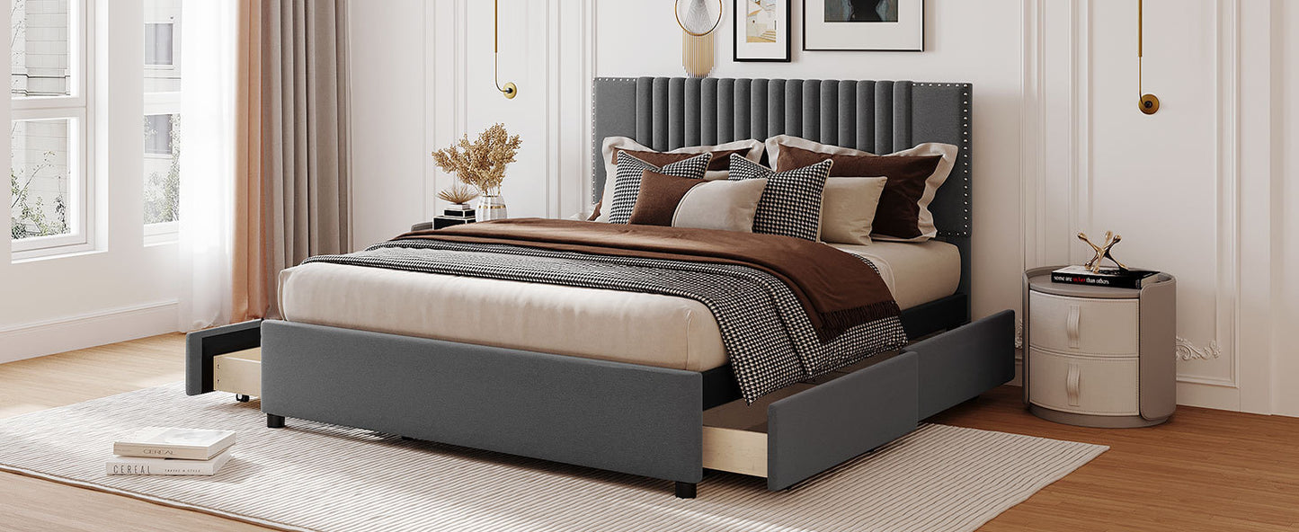 Queen Size Upholstered Platform Bed with Classic Headboard and 4 Drawers, Linen Fabric, Gray