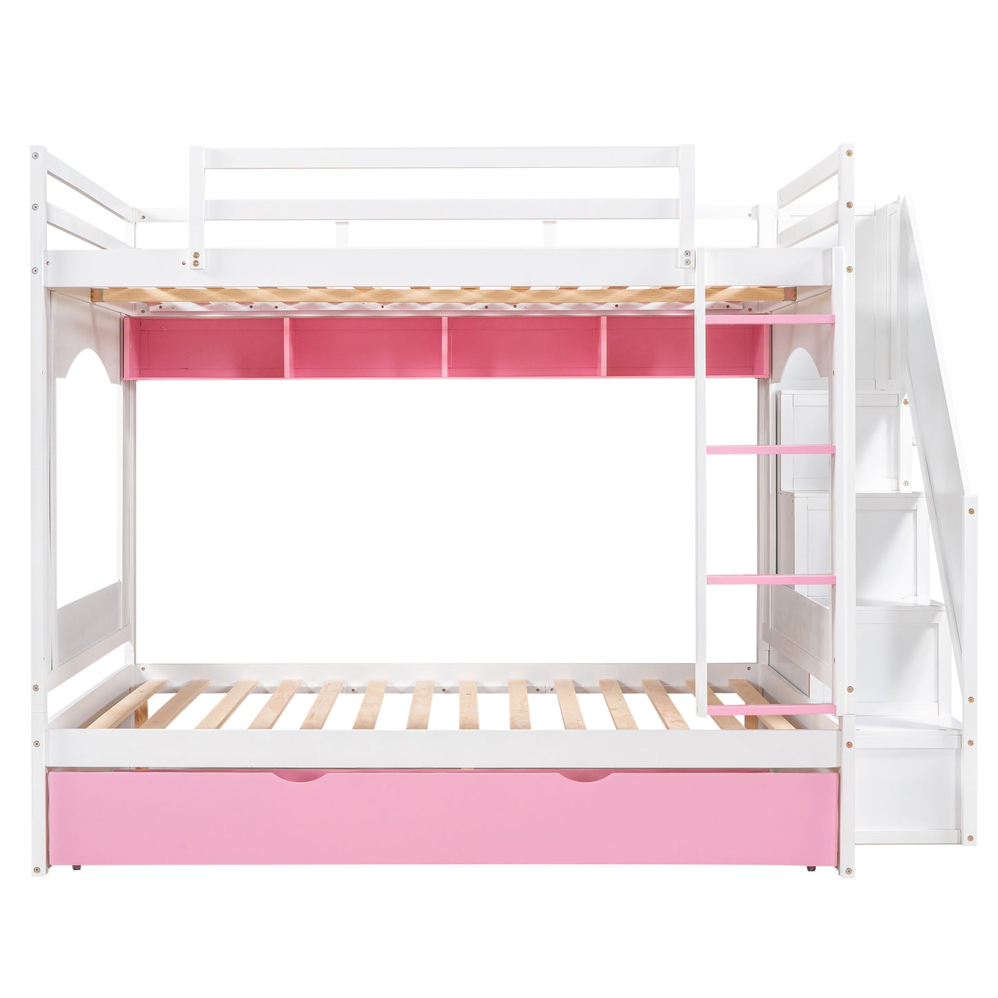 Full Over Full Bunk Bed with Trundle ,Stairs,Ladders Solid Wood Bunk bed with Storage Cabinet (White + Pink)
