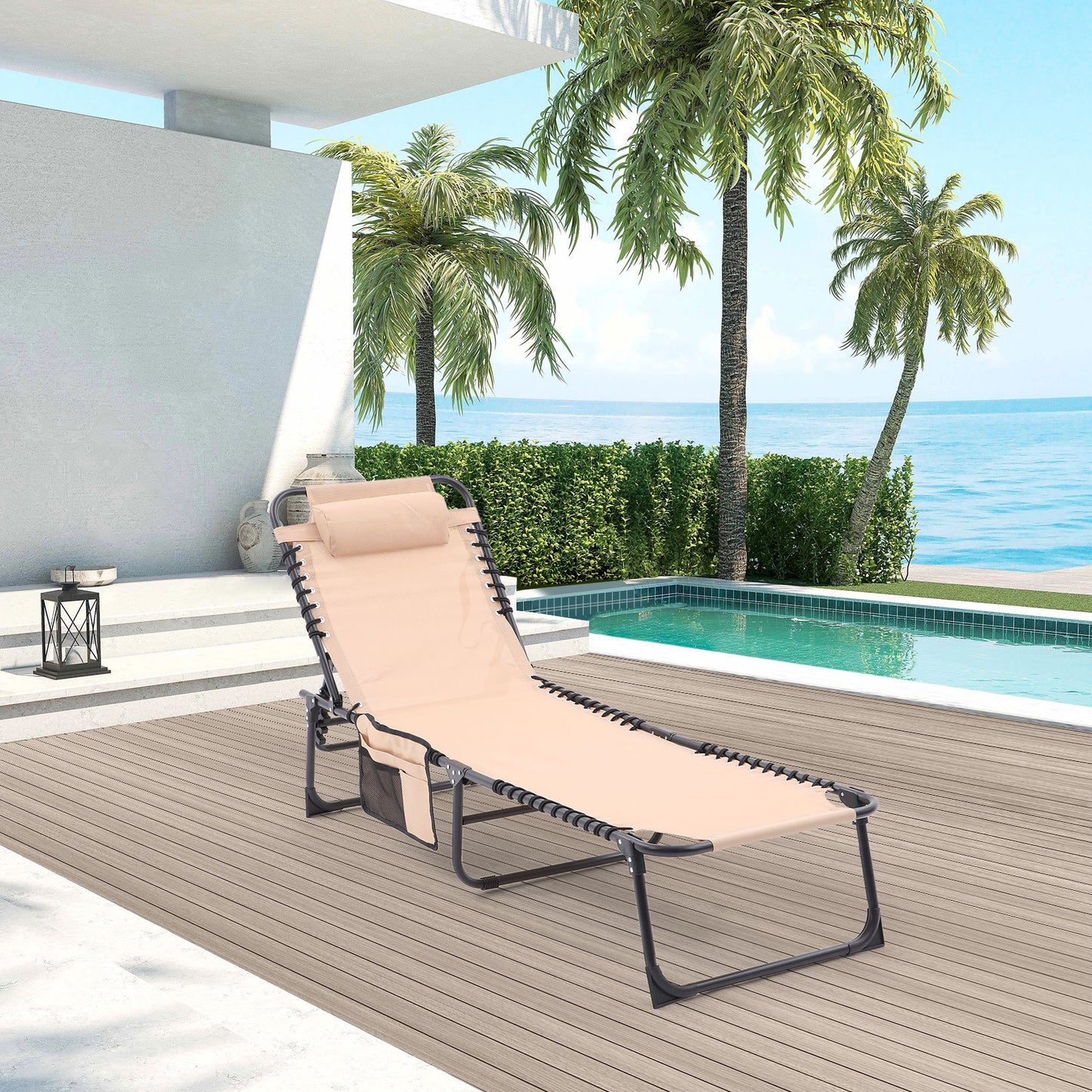 Folding Textilene Waterproof Patio Chaise Lounge Chair,Outdoor Adjustable and Reclining Tanning Chair with Pillow and Side Pocket for Lawn,Beach,Pool,Portable Camping and Sunbathing(2 Pieces,Khaki)